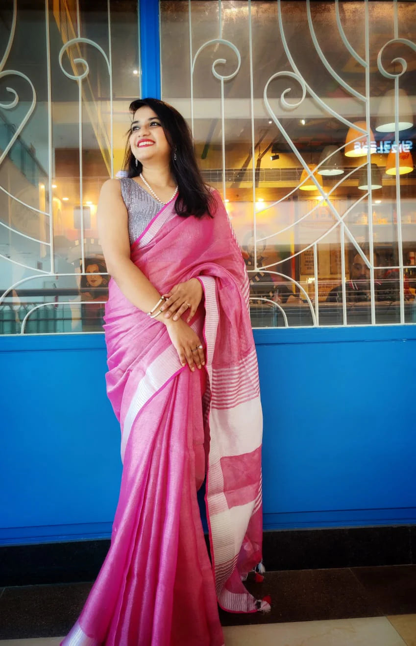 Pink Sparkle Tissue Linen Handloom saree