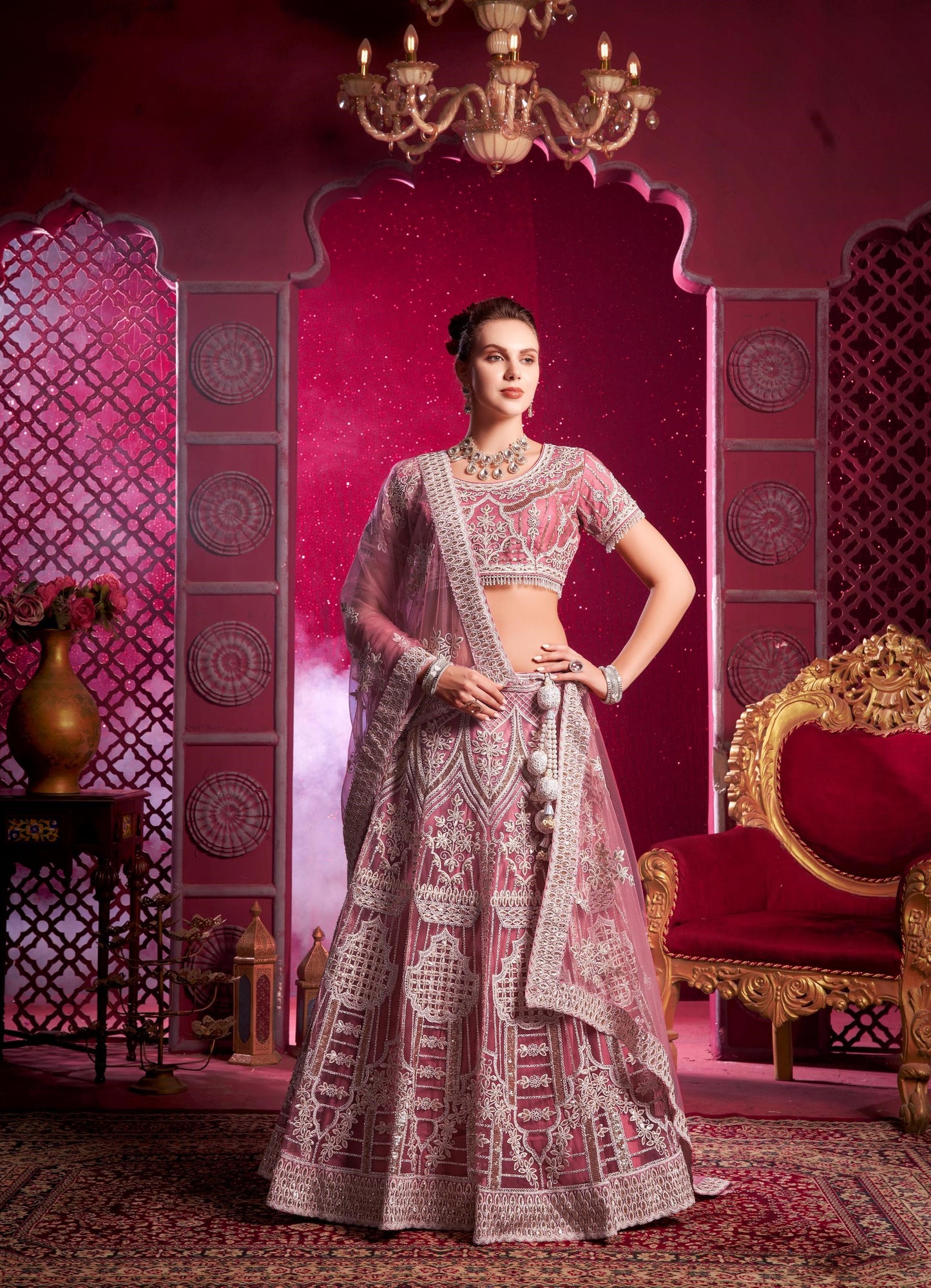 Pink Sequence Embroidery Net Sangeet Lehenga