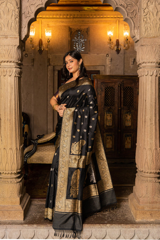 Black Handwoven Kadwa Katan Silk Saree - Panaya