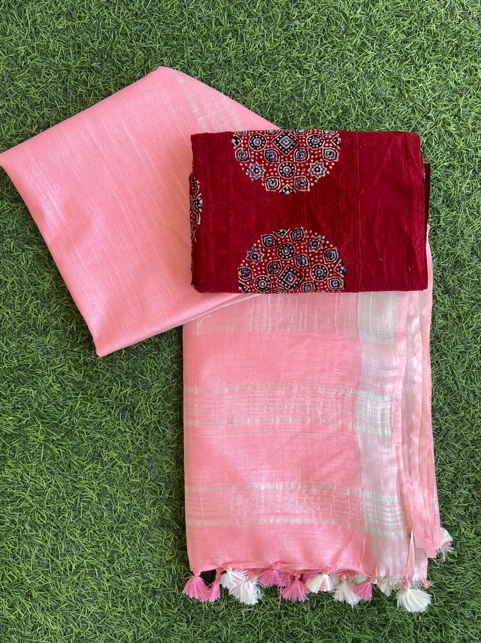 Pure Linen Saree With Block Print Blouse