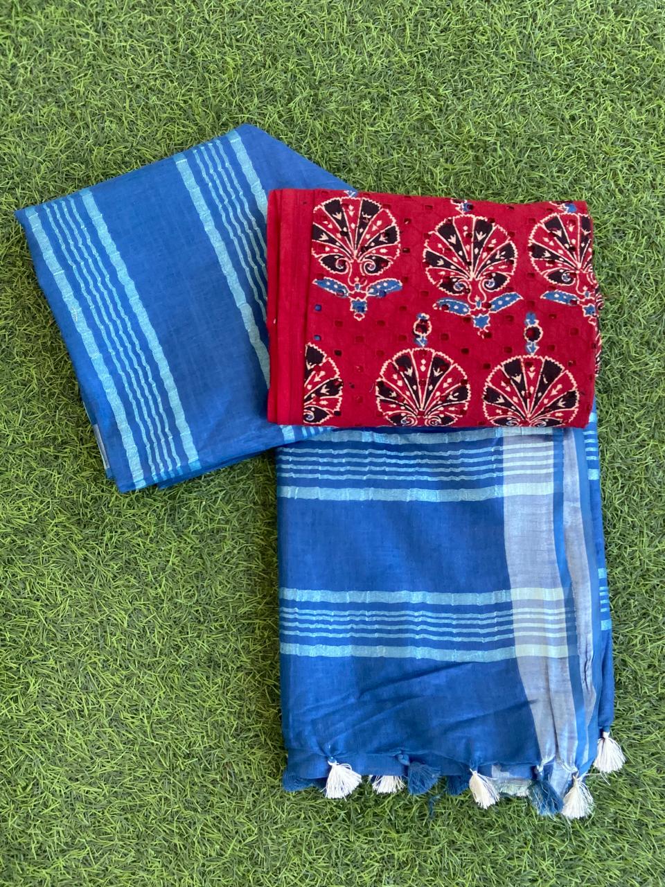 Pure Linen Saree With Block Print Blouse