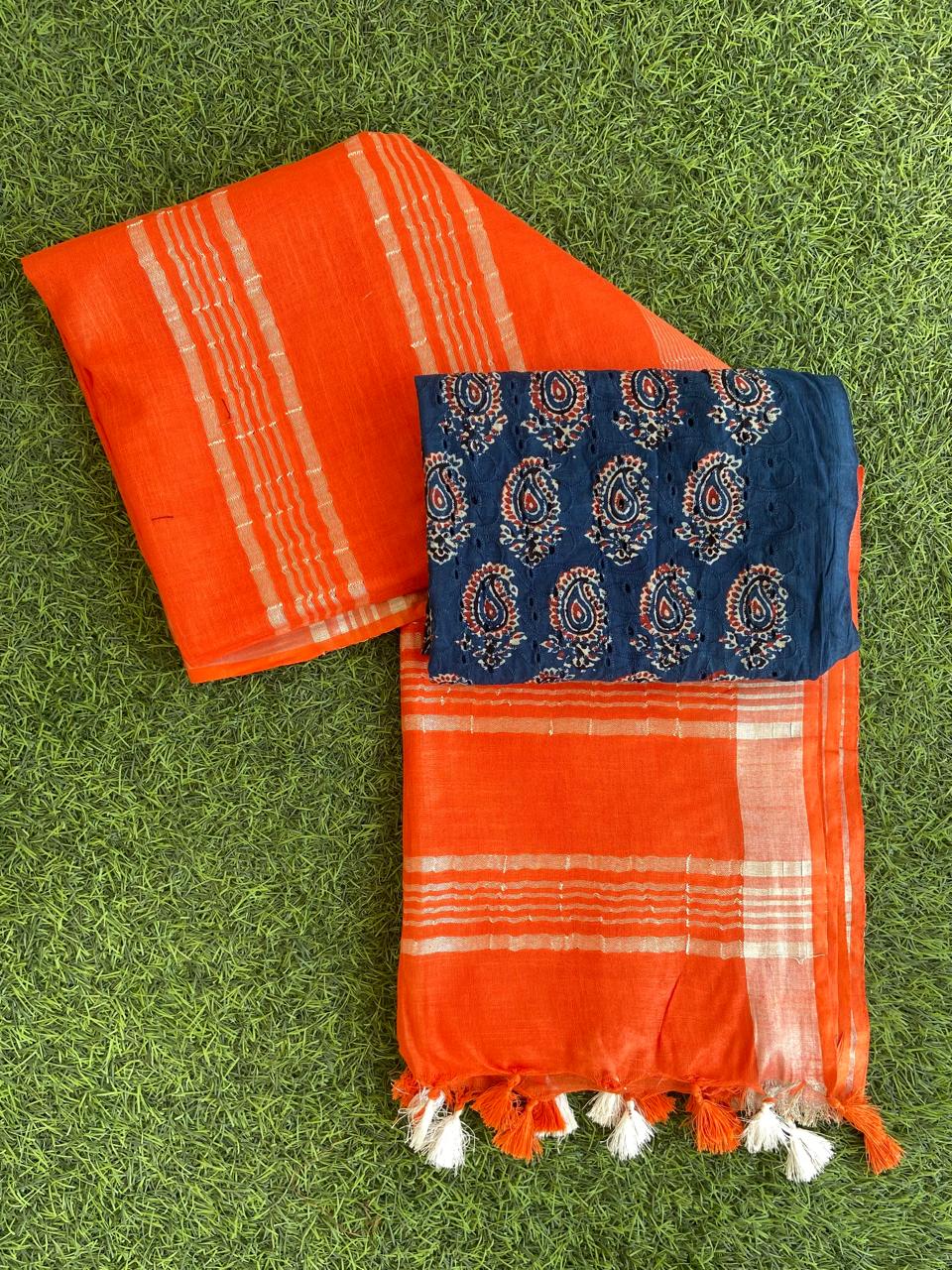 Pure Linen Saree With Block Print Blouse