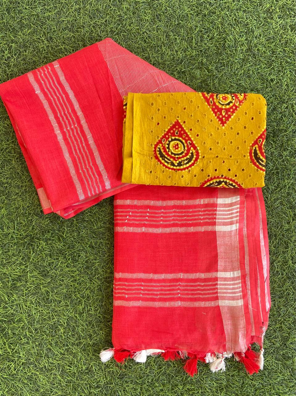 Pure Linen Saree With Block Print Blouse