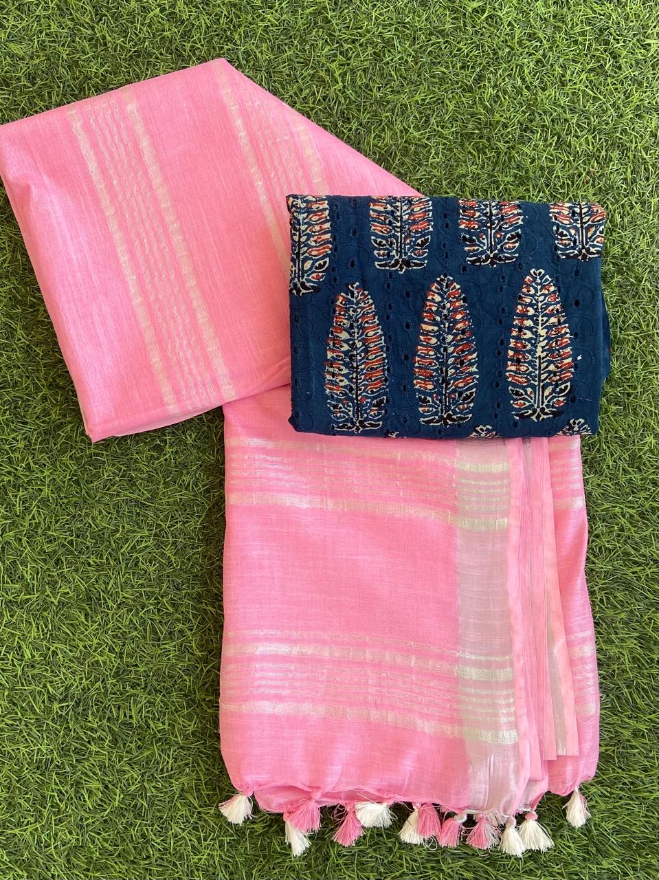 Pure Linen Saree With Block Print Blouse