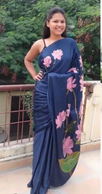 Navy Blue Handpainted Pure Satin Saree