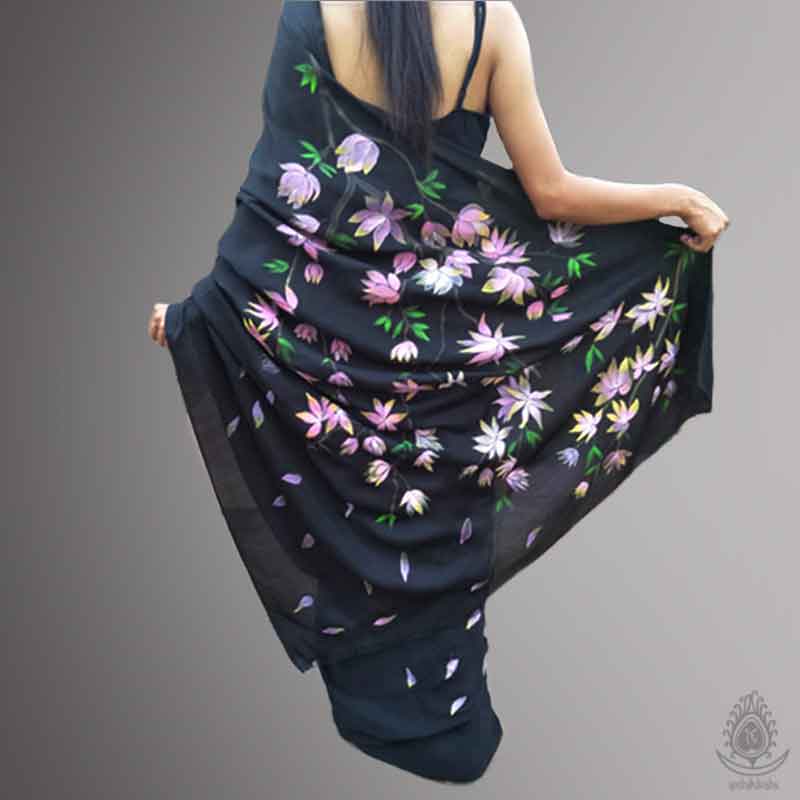 Black Handpainted Lotus Saree | Pure Satin Saree By Rank Never Retire