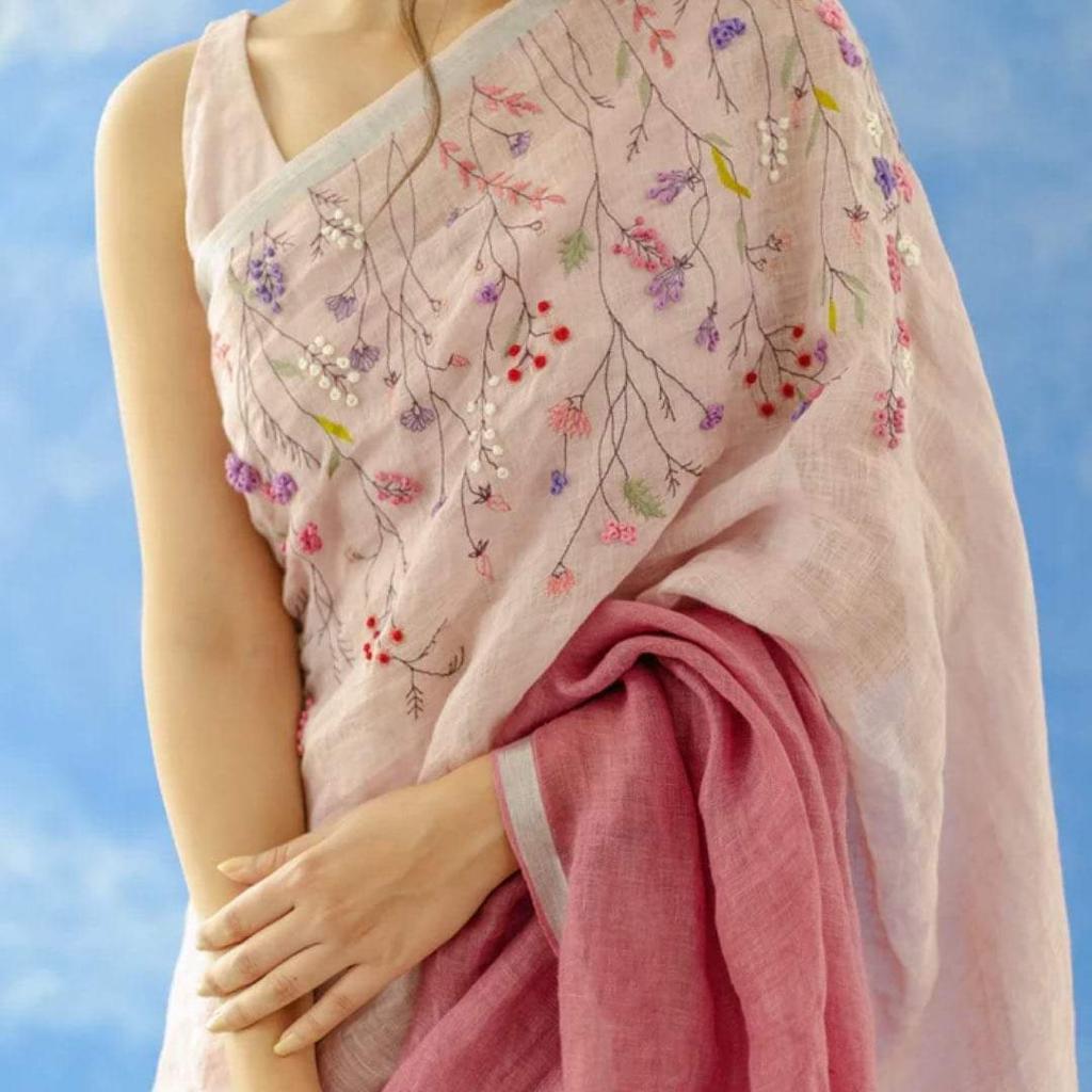 Floral Embroidered Saree | Linen Saree Collection By Rank Never Retires