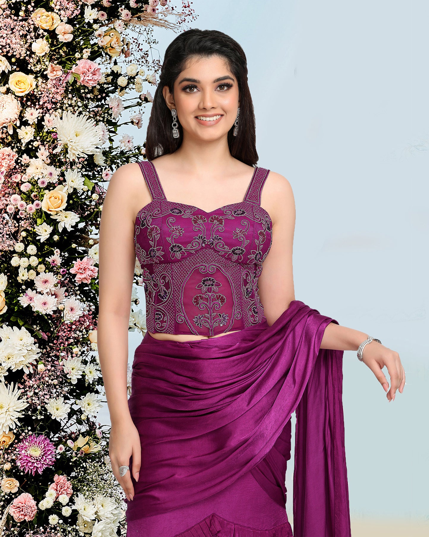 Waterlillies Read to wear Saree- Purple