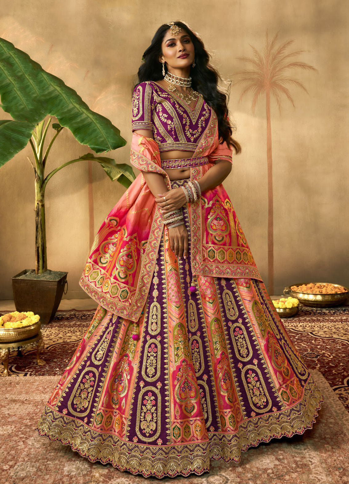 Purple Banarasi Silk Resham Embroidered A Line Royal Bridal Lehenga