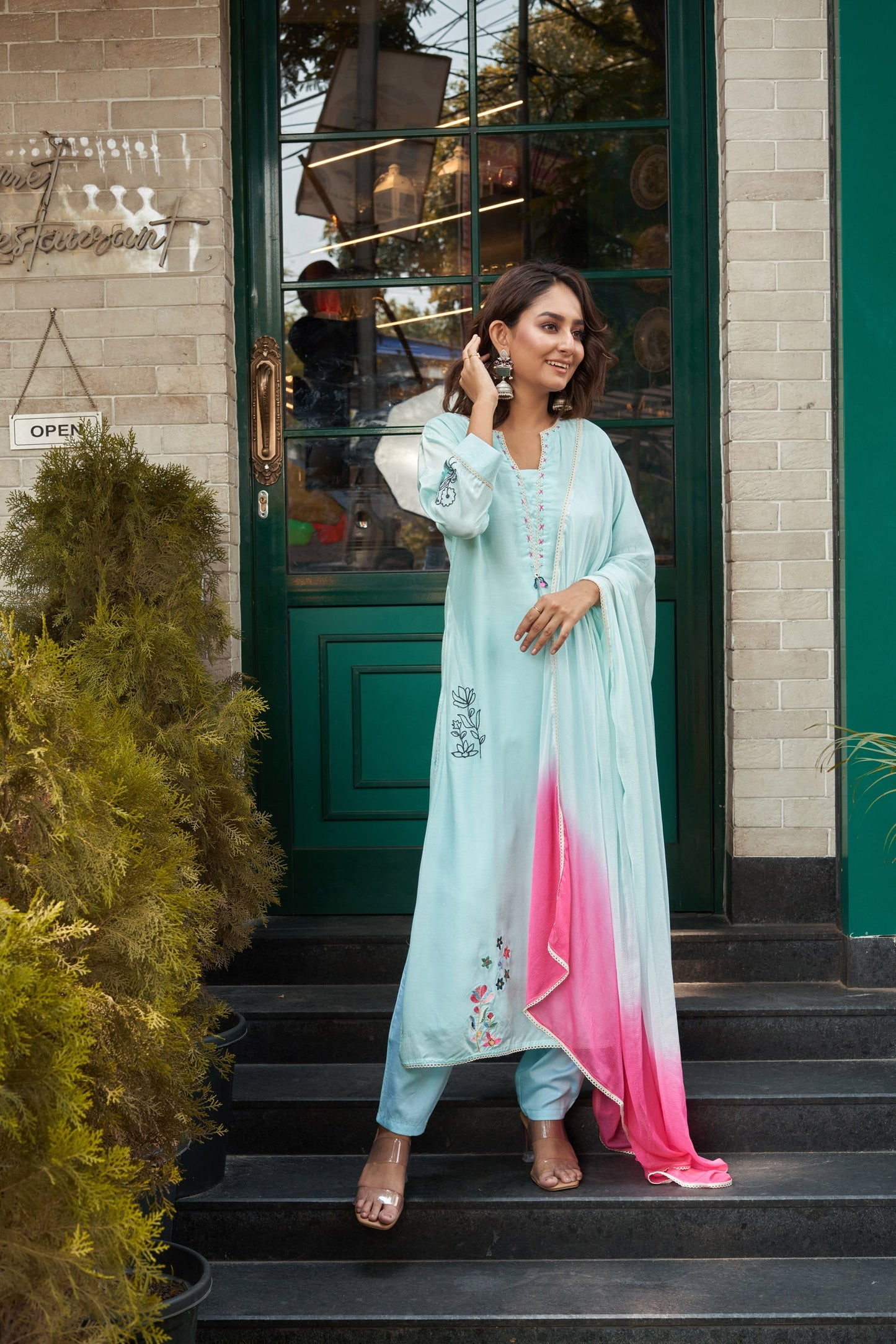 Blushing Blue Muslin Silk Printed Kurta set with Embroidery