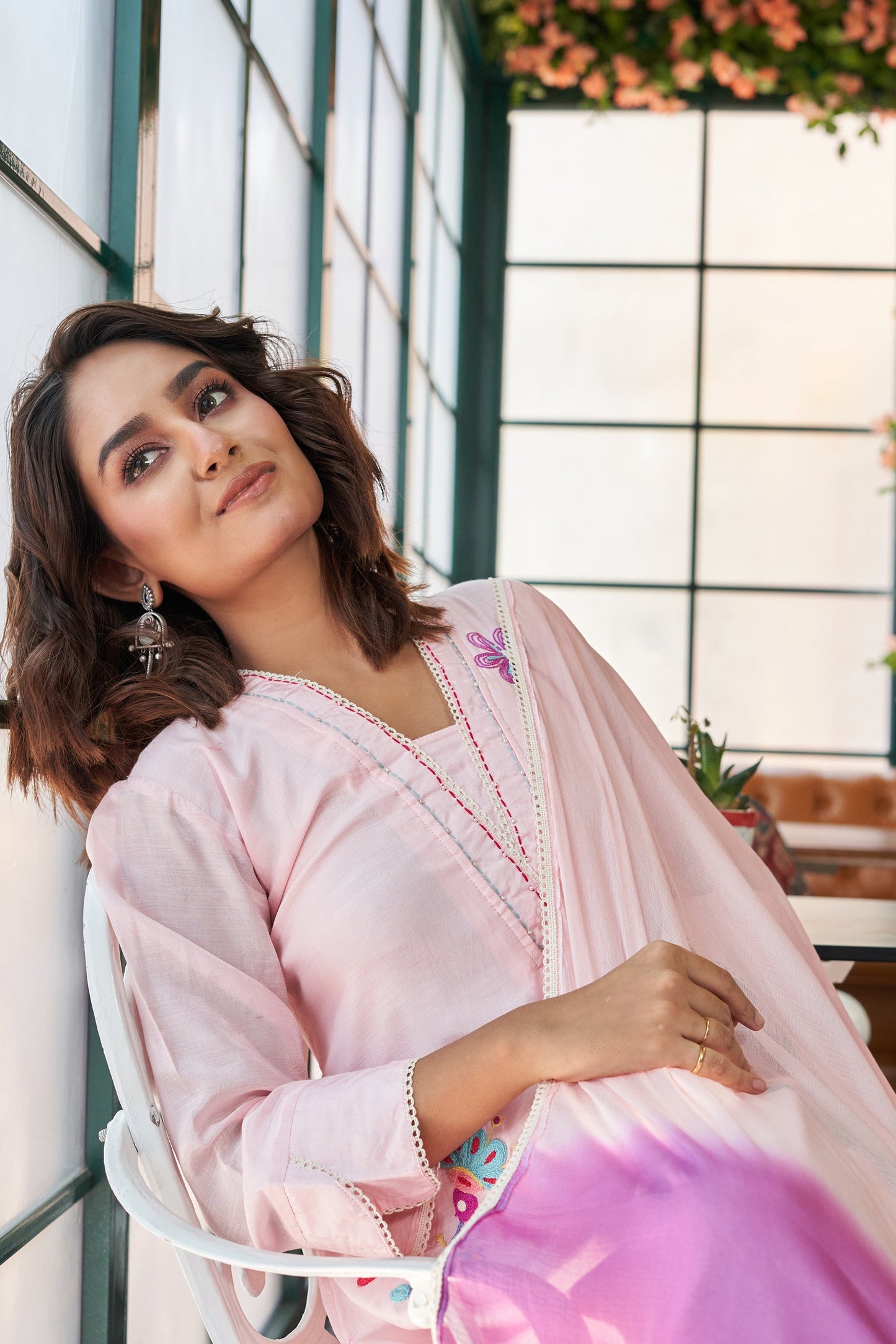 Dewy Pink Muslin Silk Printed Kurta set with Embroidery