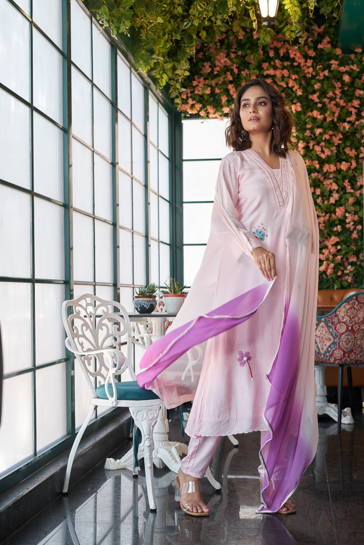 Dewy Pink Muslin Silk Printed Kurta set with Embroidery