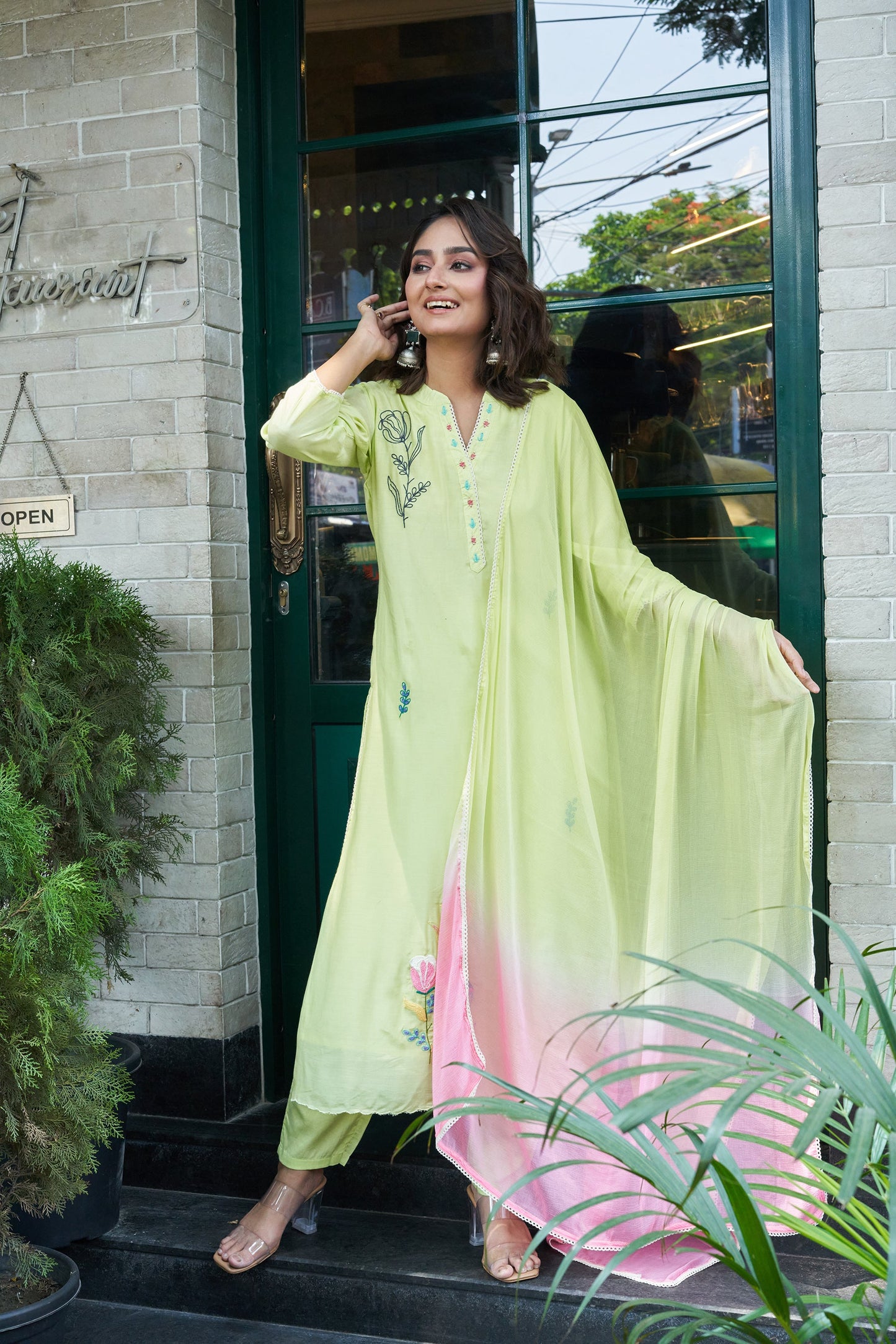 Gleaming Green Muslin Silk Printed Kurta set with Embroidery