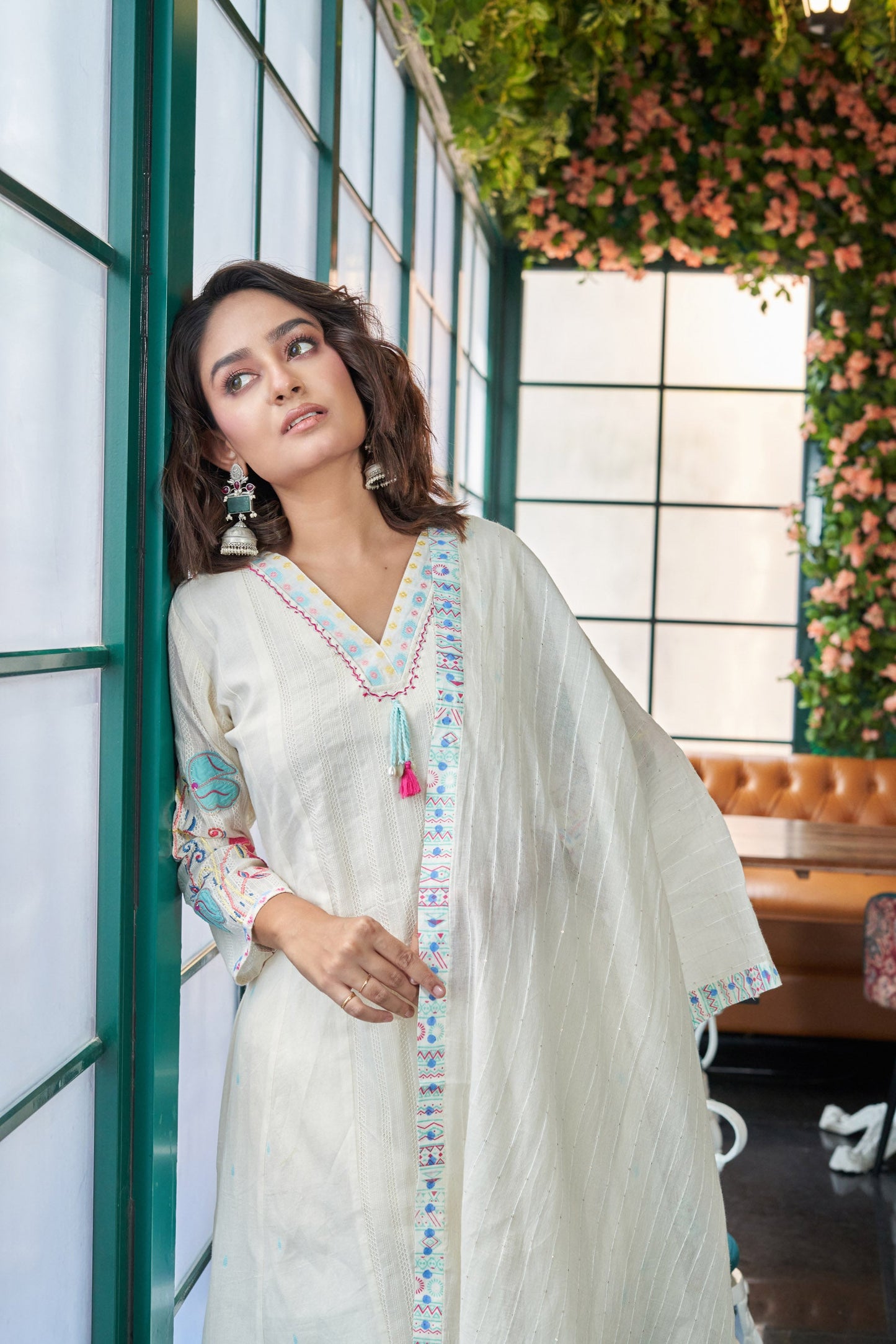 Shudh Shine Cotton Self jacquard Kurta set with Embroidery