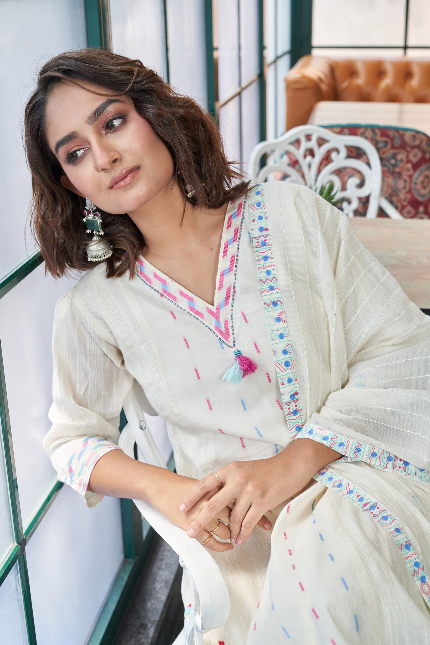 Moti Magic Cotton Self jacquard Kurta set with Embroidery