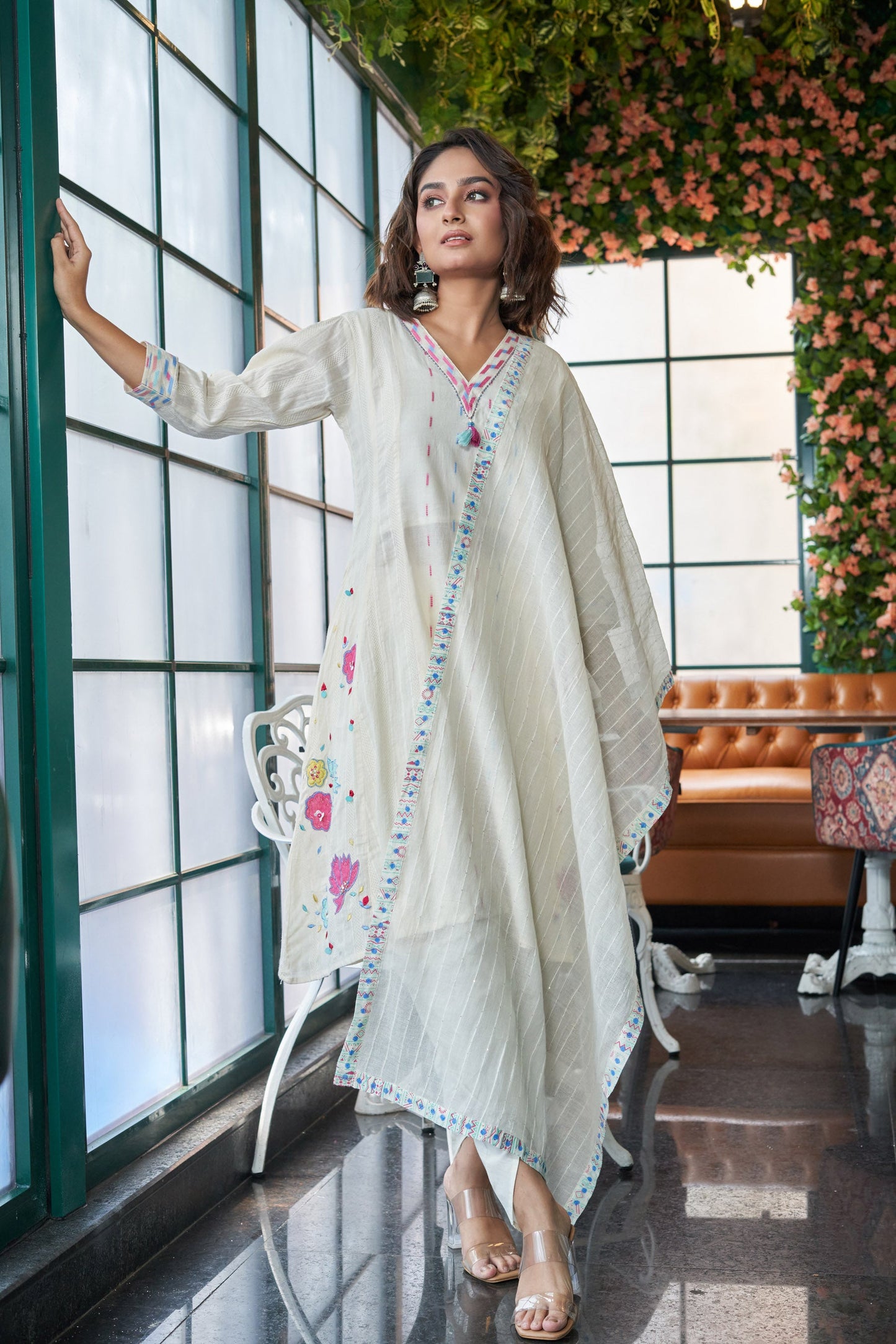 Moti Magic Cotton Self jacquard Kurta set with Embroidery