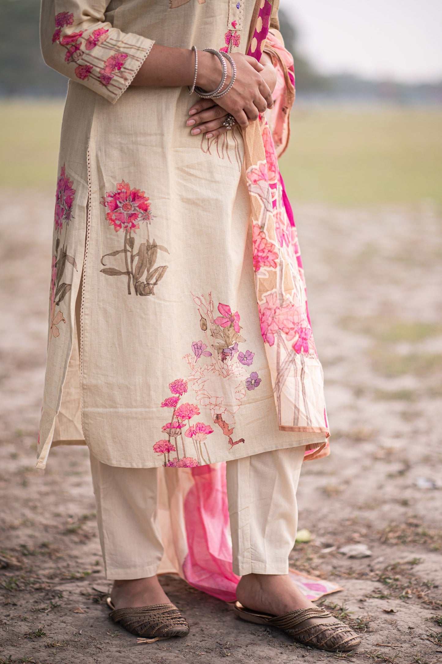 Bright Beige Cotton Printed Kurta set with Embroidery