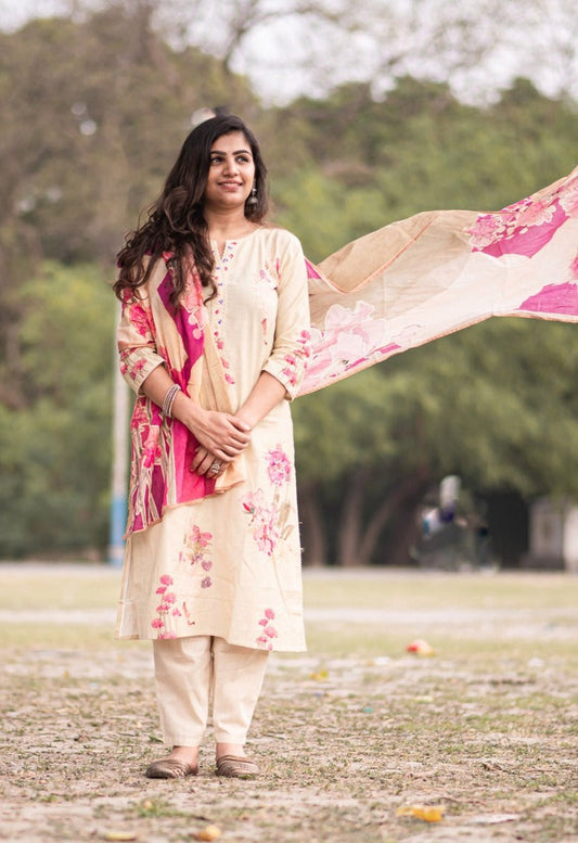 Bright Beige Cotton Printed Kurta set with Embroidery