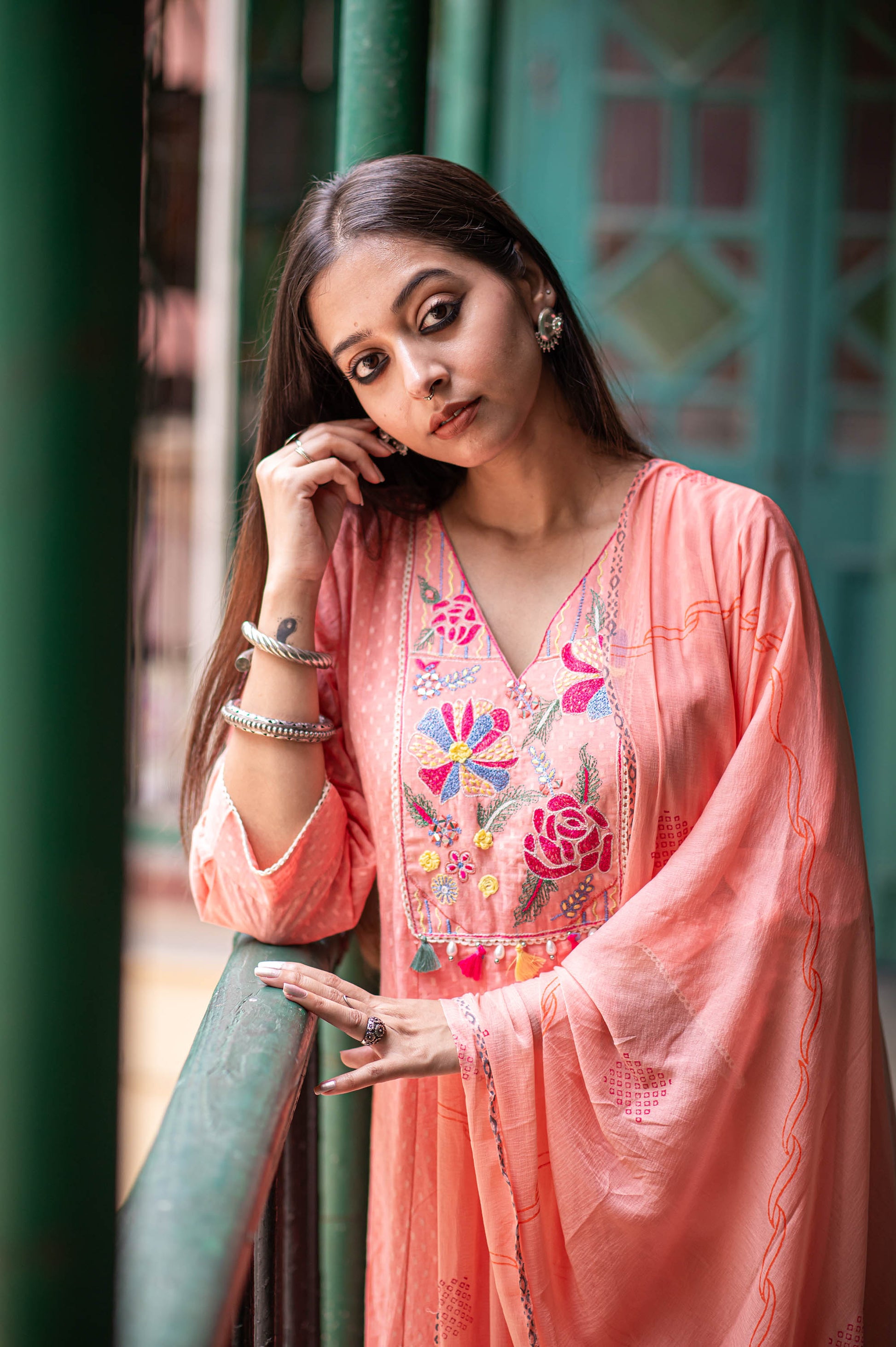 Peach Kora Cotton Embroidered With Straight Pants