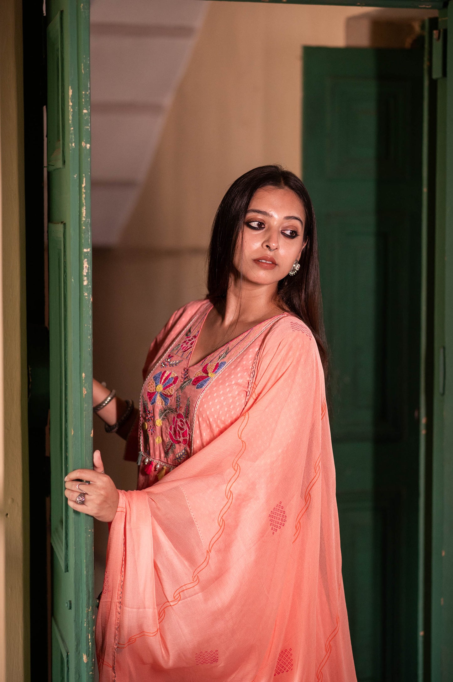 Peach Kora Cotton Embroidered With Straight Pants