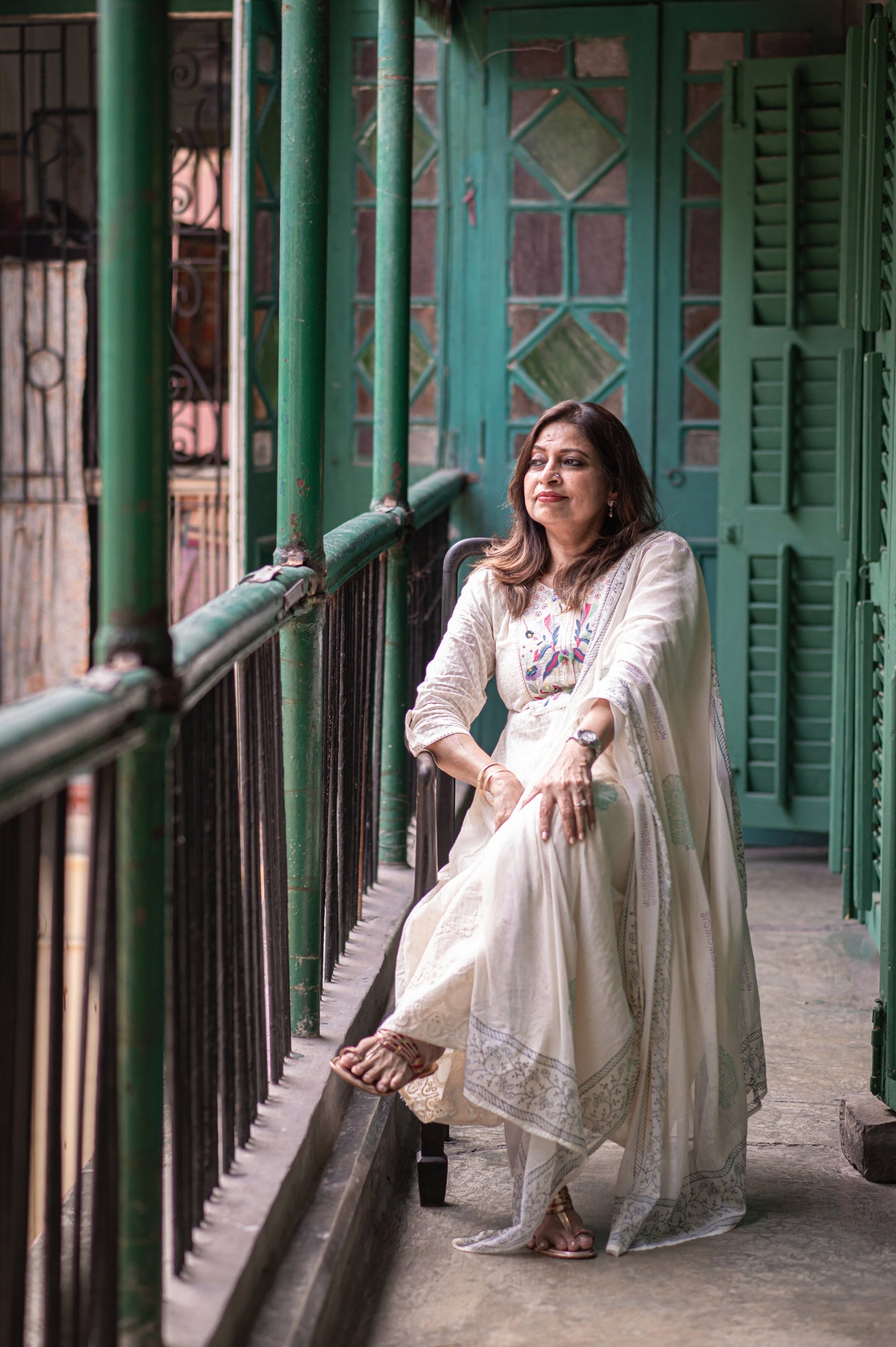 Ethereal Off White Cotton Printed Kurta set with Embroidery