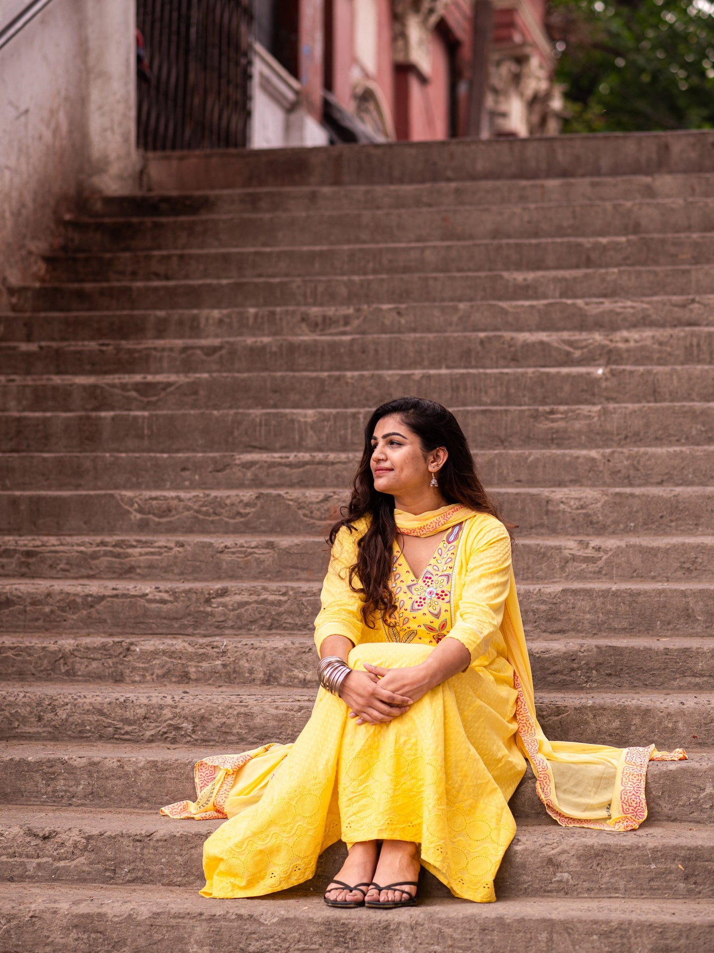 Sunlit Yellow Cotton Printed Kurta set with Embroidery