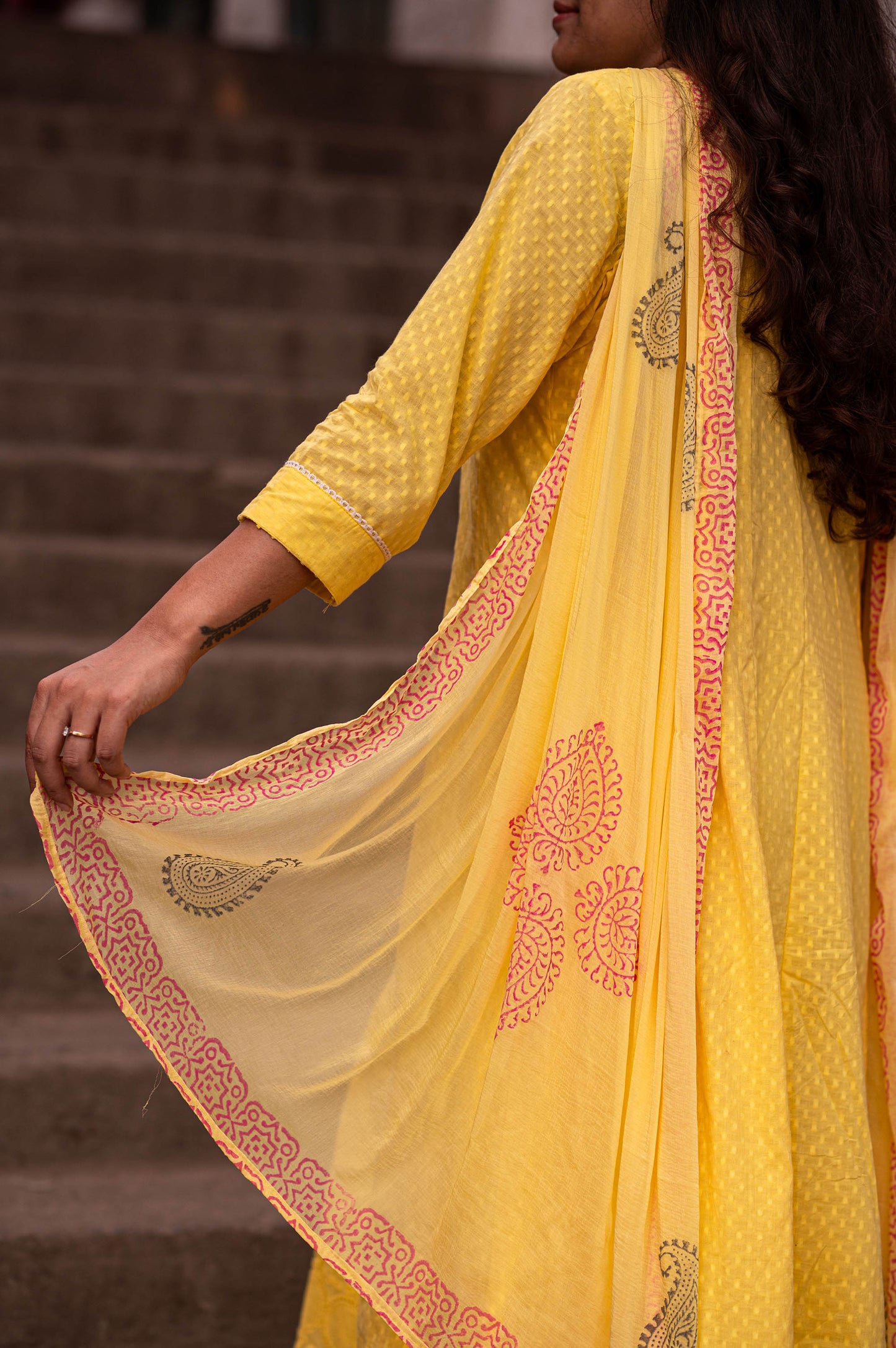 Yellow Kora Jacquard Embroidered Kurta