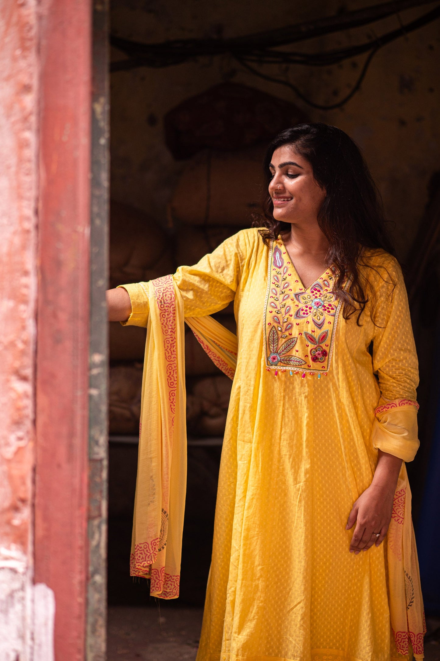 Sunlit Yellow Cotton Printed Kurta set with Embroidery