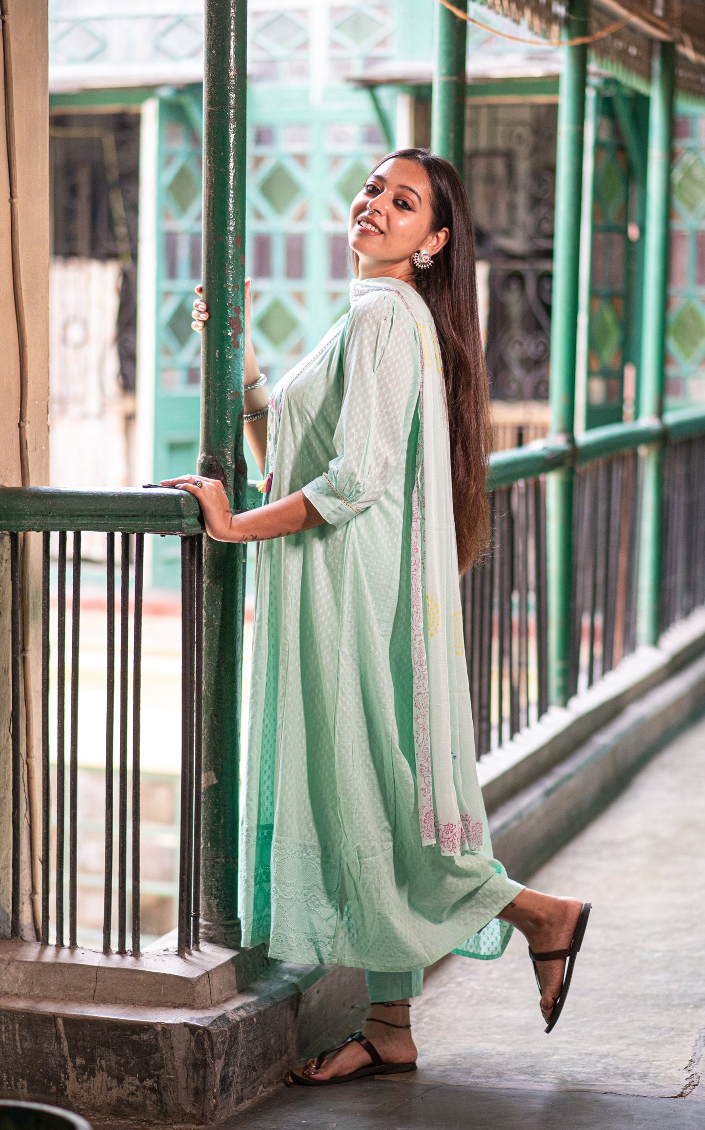 Mystic Mint Cotton Printed Kurta set with Embroidery