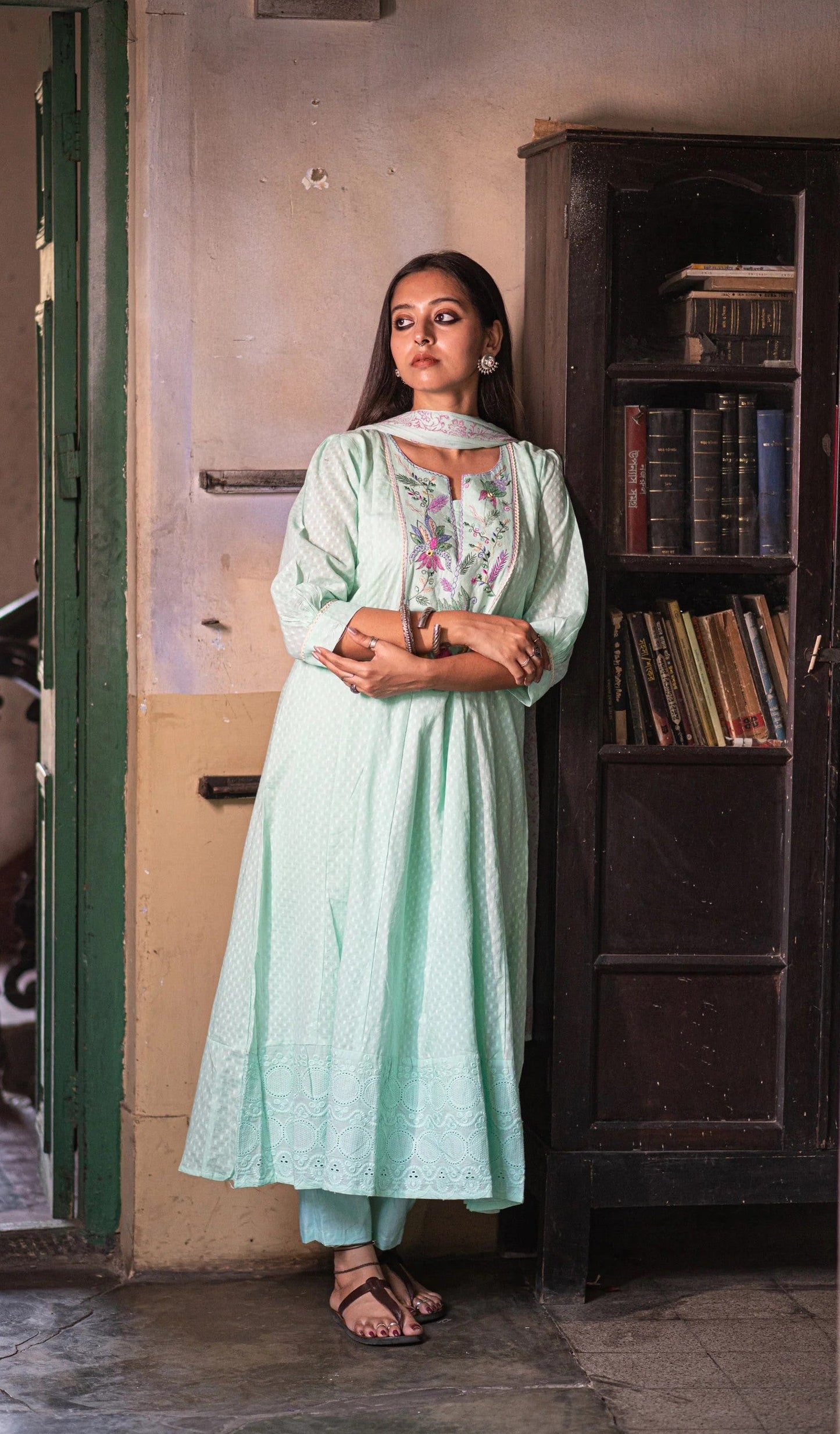 Mystic Mint Cotton Printed Kurta set with Embroidery