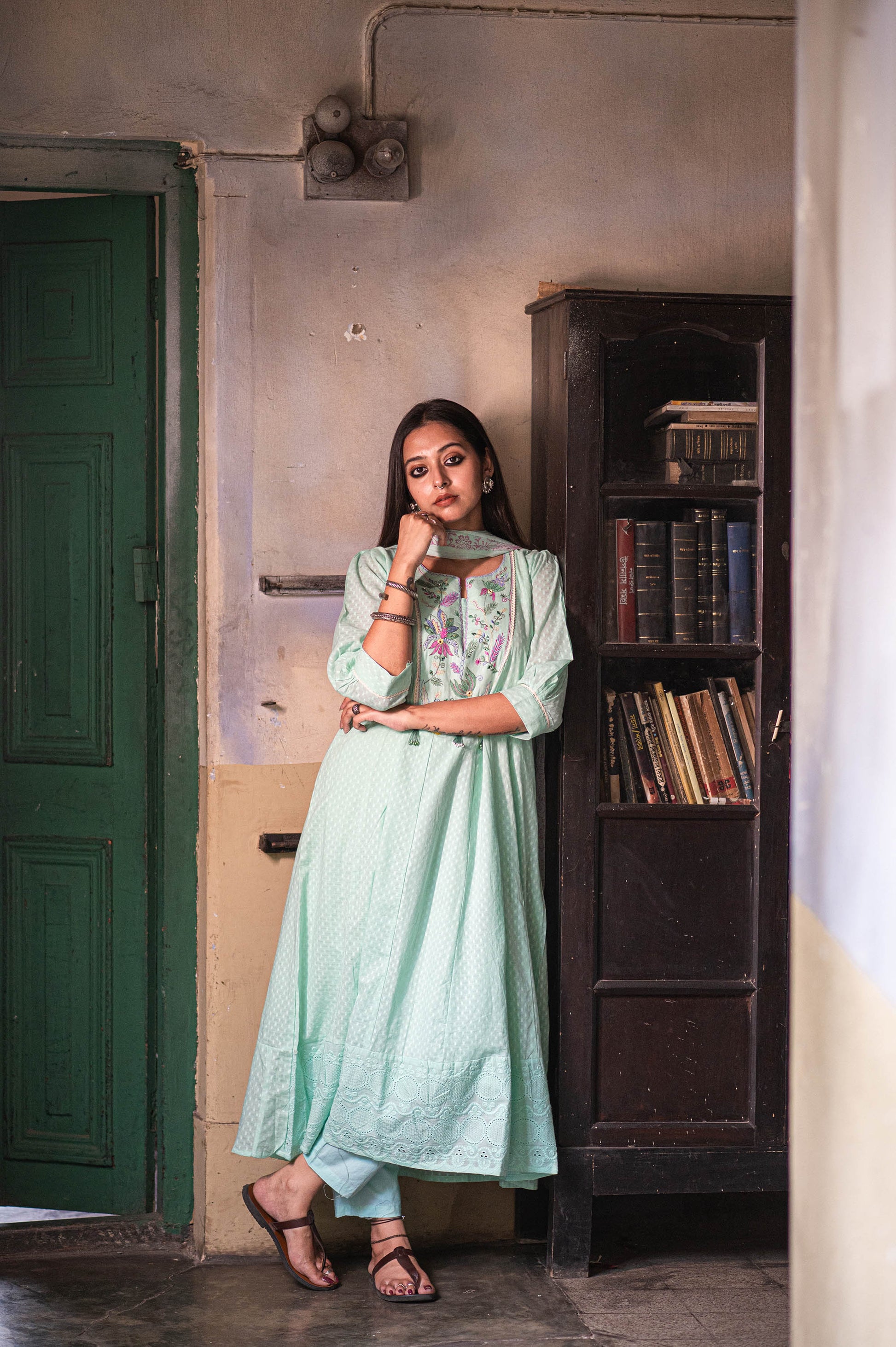 Mint Cotton Self Jacquard Embroidered Kurta 