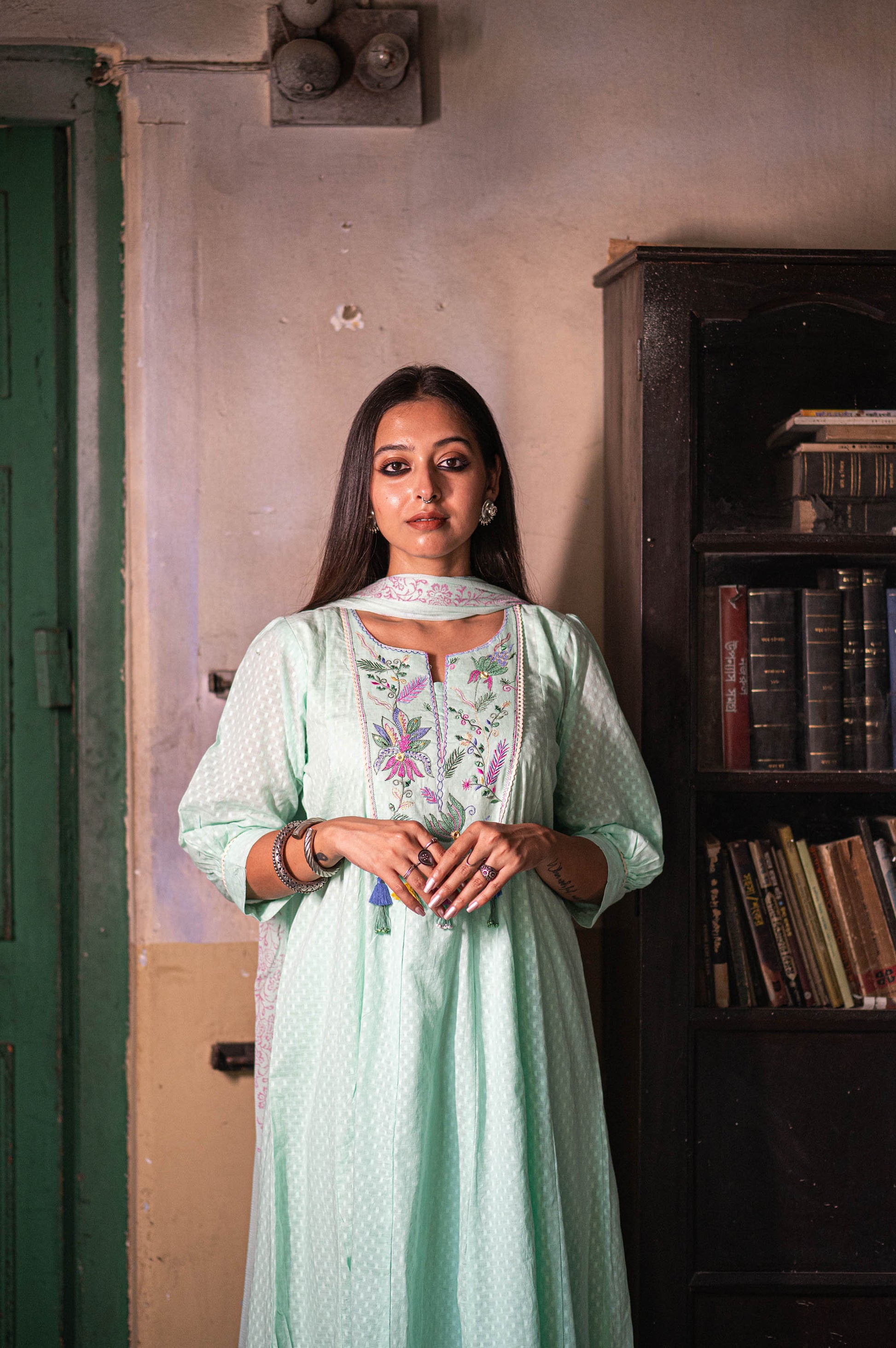 Mint Cotton Self Jacquard Embroidered Kurta 