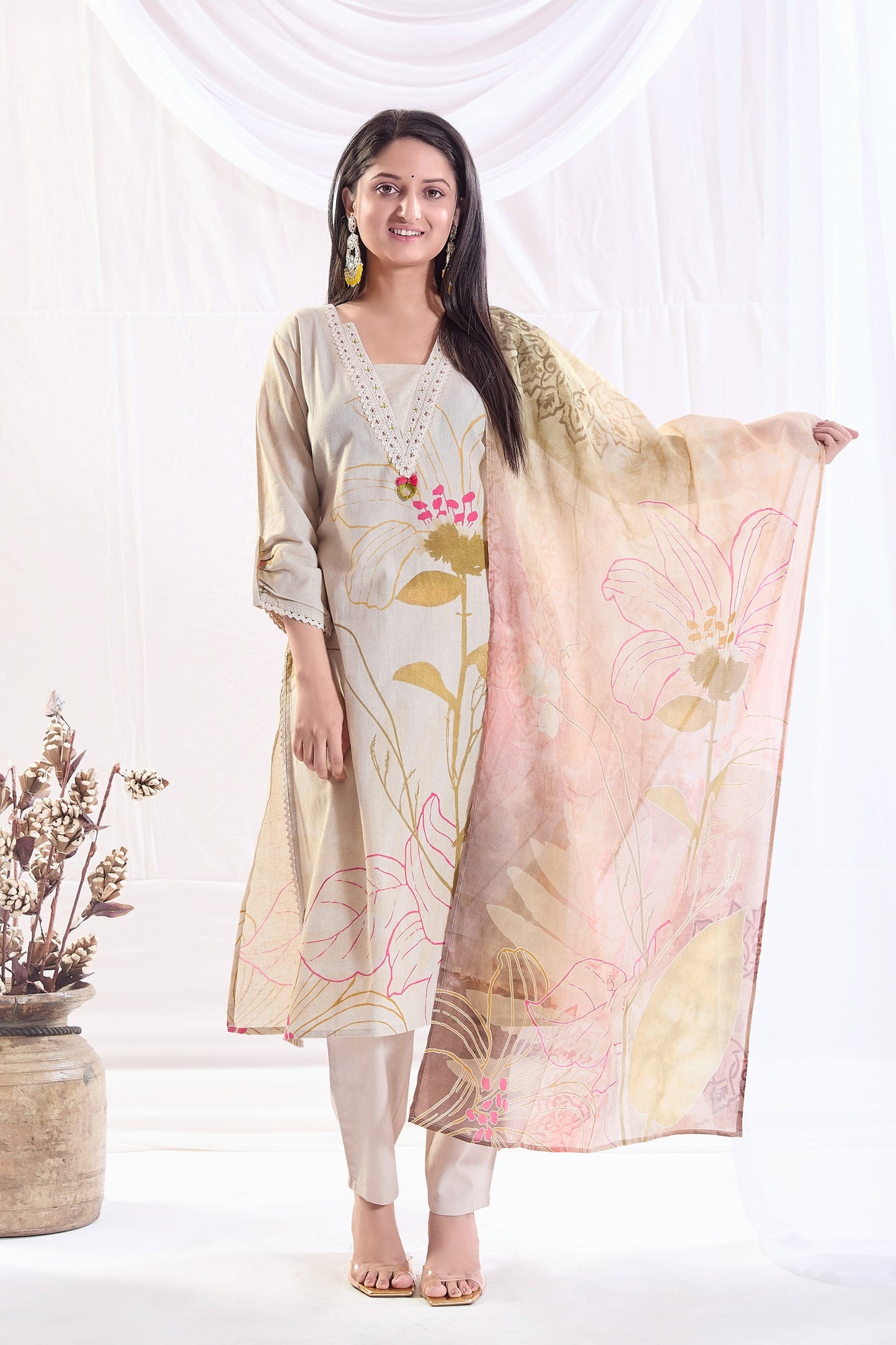 Pearly Off White Cotton Printed Kurta set with Embroidery