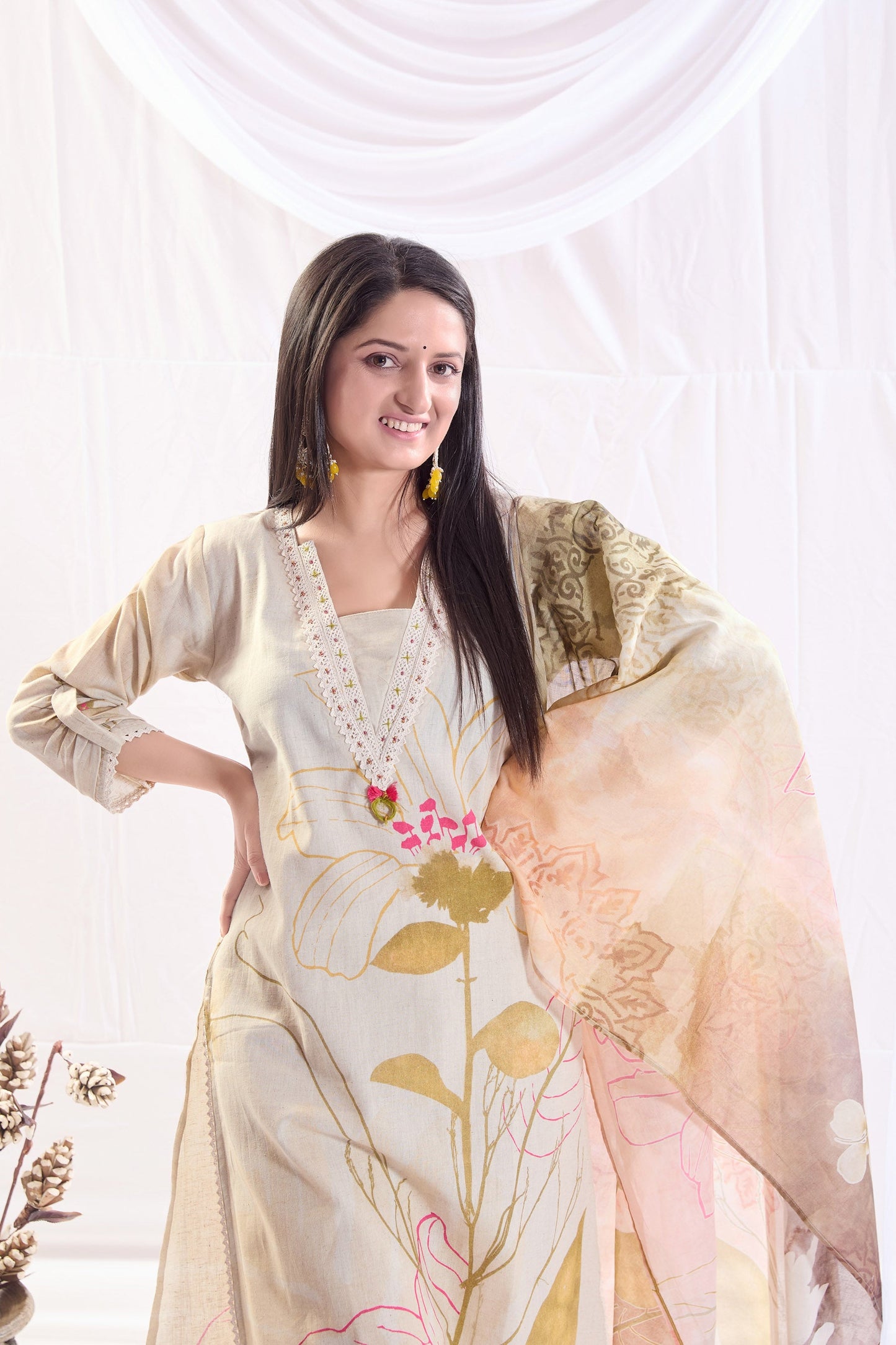 Pearly Off White Cotton Printed Kurta set with Embroidery