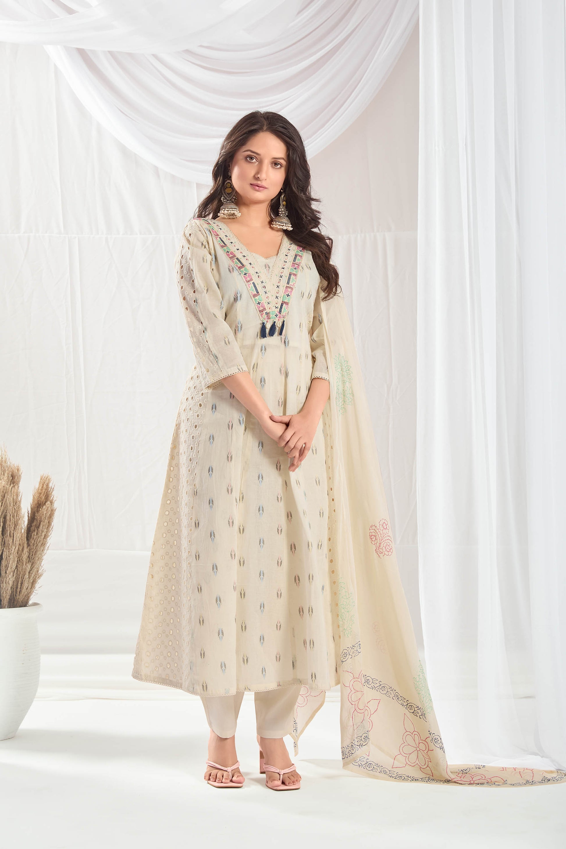 Off White Cotton Printed A Line Long Kurta