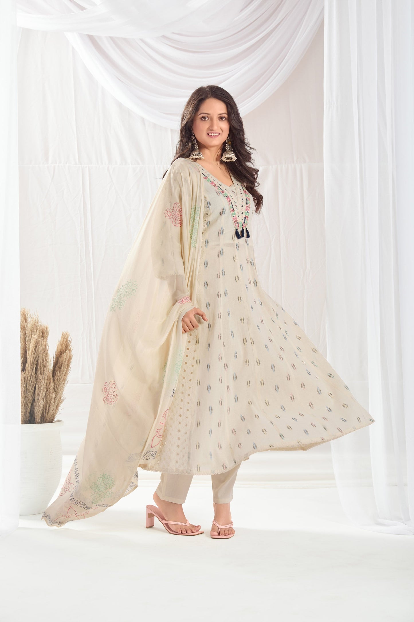 Breezy Off White Cotton Printed Kurta set with Embroidery