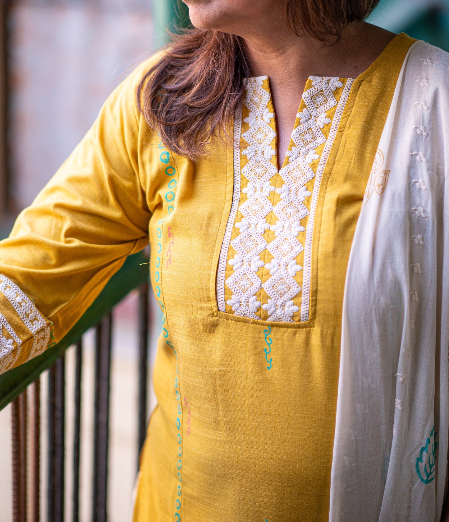 Lumnious Mustard Cotton Printed Kurta set with Embroidery