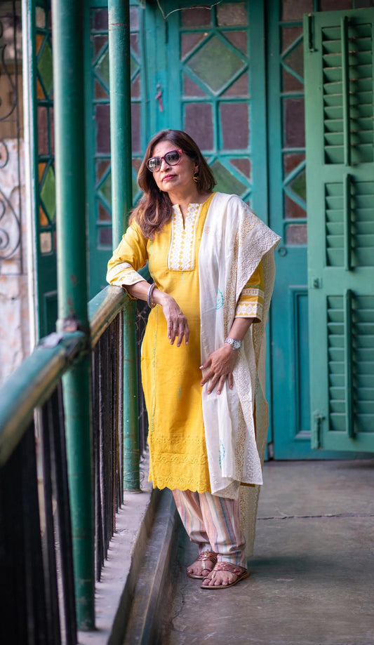 Lumnious Mustard Cotton Printed Kurta set with Embroidery