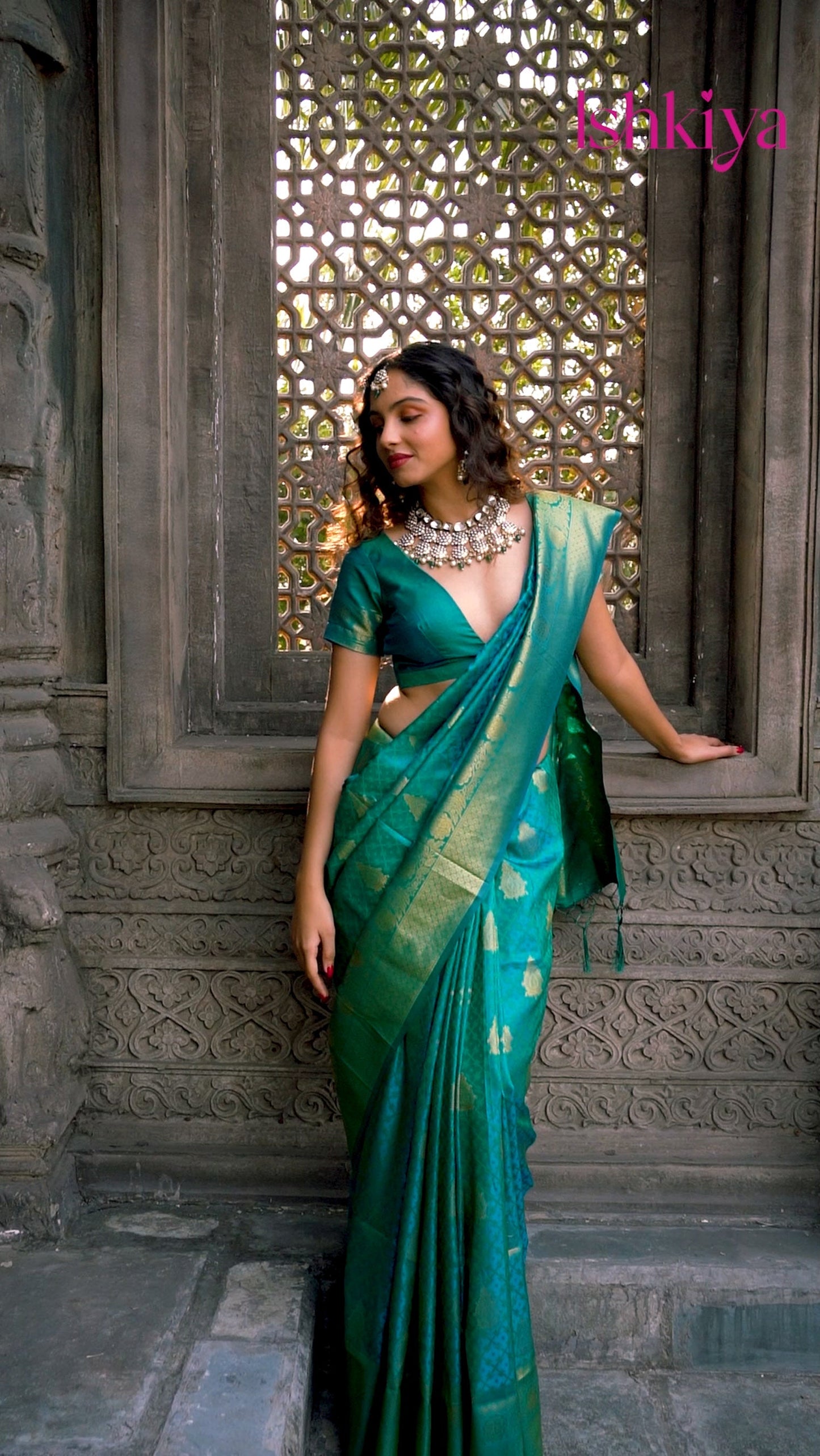 Green Banarasi Silk Saree with Golden Border