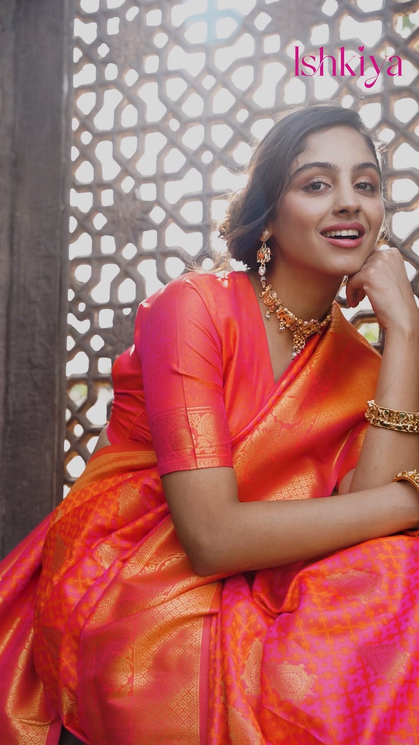 Golden Accented Pink Silk Saree