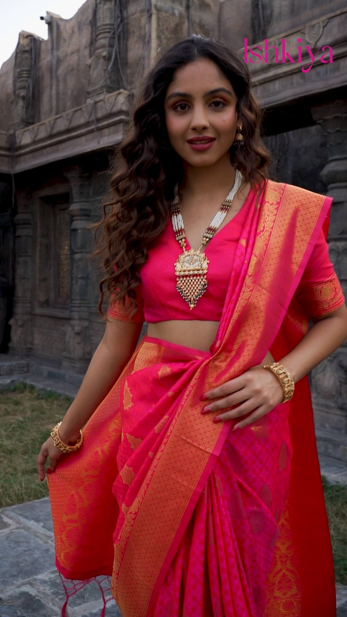 Golden Border Strawberry Pink Silk Saree