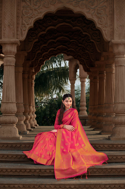 Orange and Pink Zari Banarasi Soft Silk ishkiya Saree