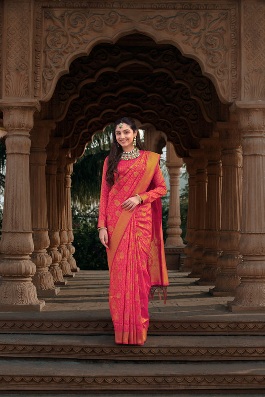 Pink and Red Zari Banarasi Soft Silk ishkiya Saree