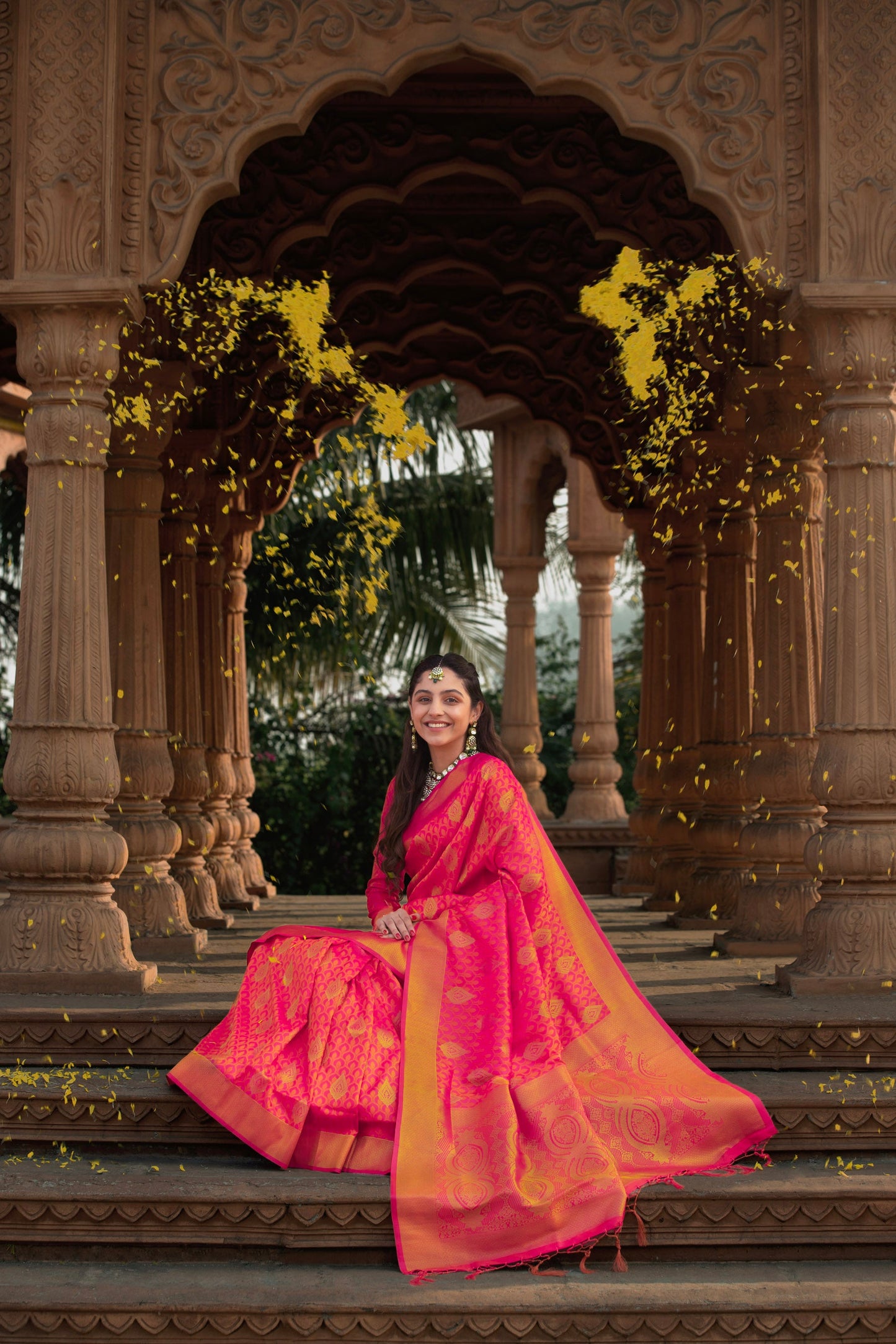 Pink Banarasi Silk Saree with Golden Pallu