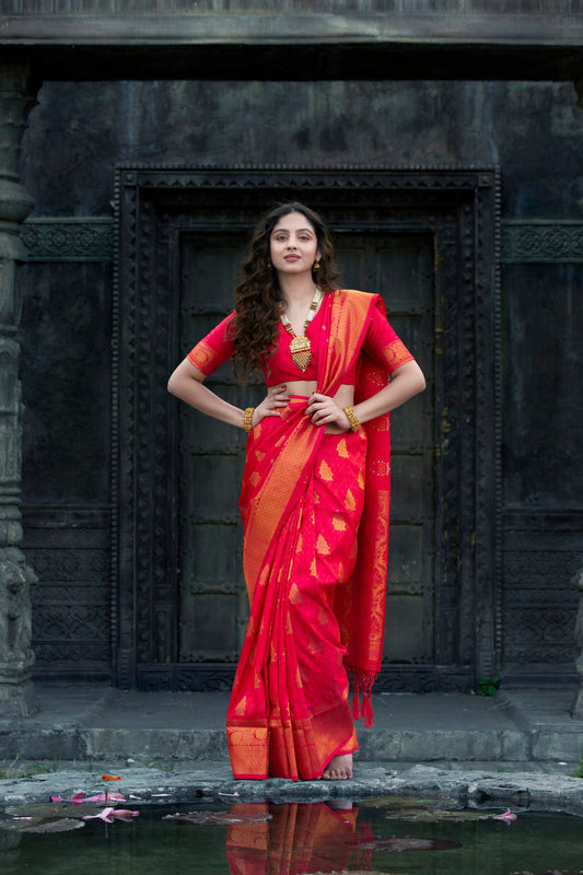 Golden Border Strawberry Pink Silk Saree