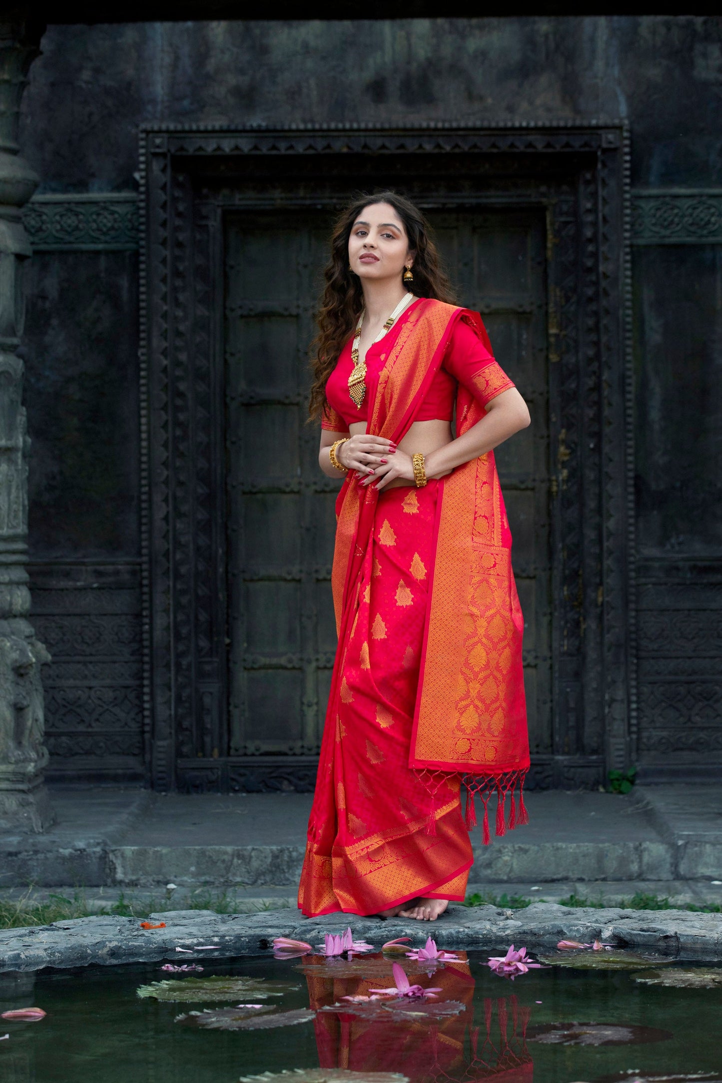 Golden Border Strawberry Pink Silk Saree