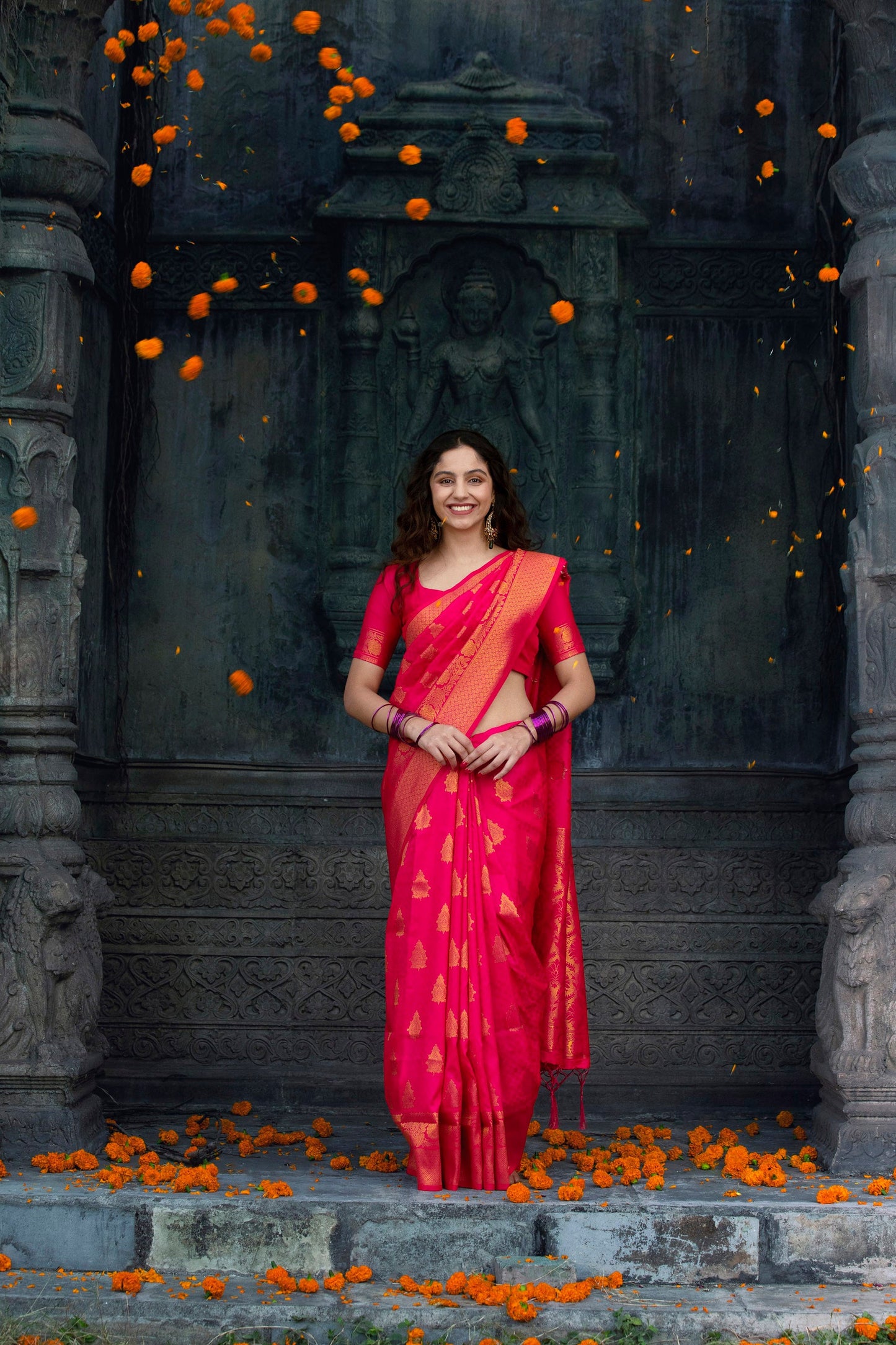 Golden Border Strawberry Pink Silk Saree