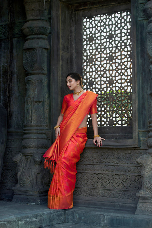 Golden Accented Pink Silk Saree