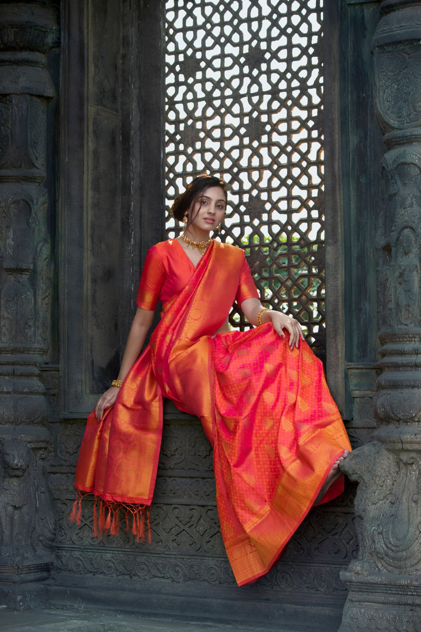 Golden Accented Pink Silk Saree