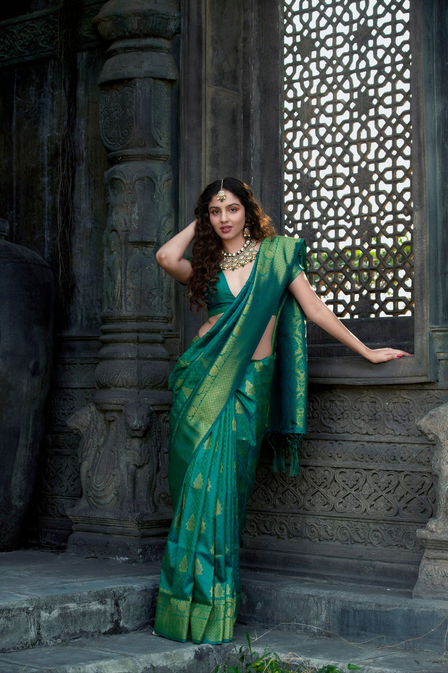 Green Banarasi Silk Saree with Golden Border